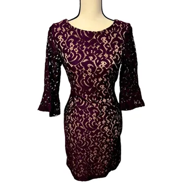 Jessica Howard Lace Dress, 3/4 Bell Sleeves, Purple, Mid Length, Size 8P