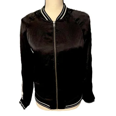 American Eagle Women's Retro Zip-up Track Jacket Small Black with White Stripe