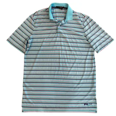 RLX Ralph Lauren Men's Blue Striped Stretch Polo Shirt Short Sleeve L