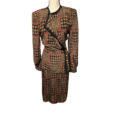 ANDREA GAYLE COLLECTION Size 12 Brown Geometric 70s Vintage Pleated Outfit Set
