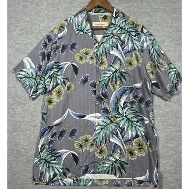 Tommy Bahama 100% Silk Hawaiian Grey Floral Tropical Mens Shirt Size M