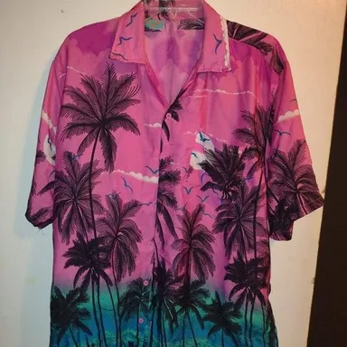 Men's XXL Button Up Shirt Tropical Casual Hawaiian Top Pink Blue Palm Trees XXLG