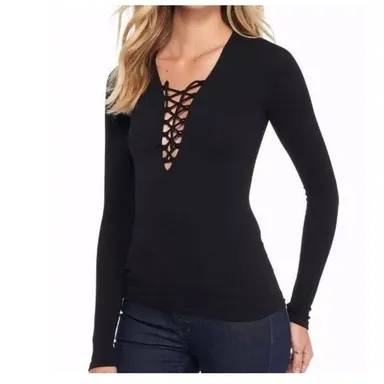 Free People Intimately Lace Up Seamless Ribbed Long Sleeve Top Size M/L