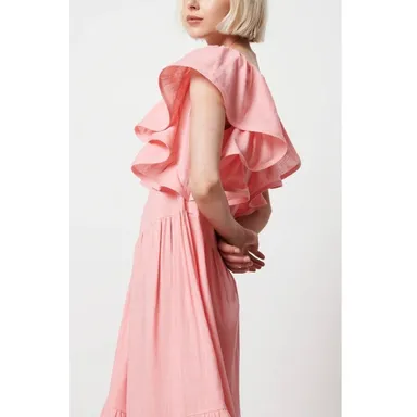 ELLIATT Eloise Maxi Dress Ruffle-Trim Scoop Neck Tiered Linen Blend Pink Size M