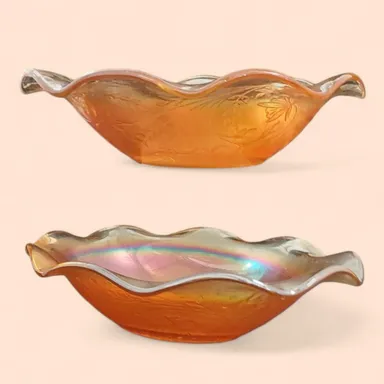 Two Vintage 1950s Marigold Orange Carnival Glass Bowls Floral Scalloped Rim