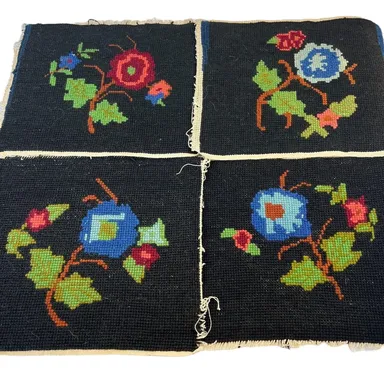 Vintage Wool Handmade Yarn Embroidery Pillow Floral Panels Cottagecore Set of 4