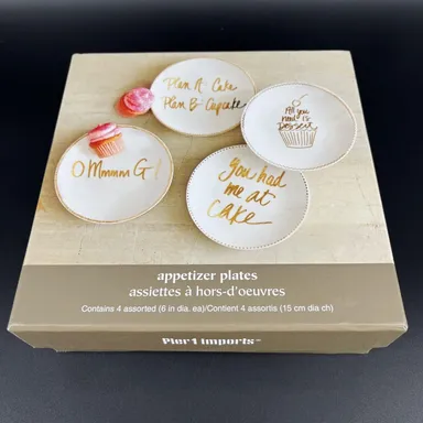 Pier 1 One Imports Porcelain Gold Text and Trim White Appetizer Plates Box
