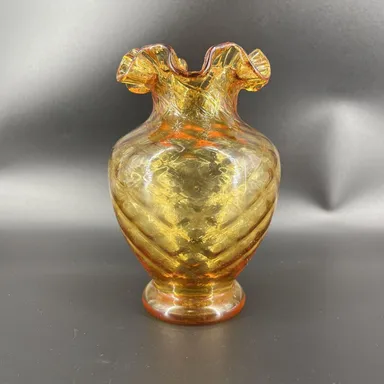 Fenton Amber Gold Diamond Optic Pattern Glass Vase Ruffled Top 6-1/2" Vintage