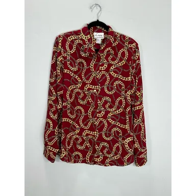 Vintage 80s Linea Women's 100% Silk Red Gold Chain Artsy Print size Medium