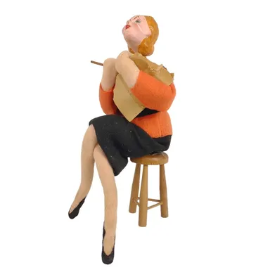 Vintage Roldan Limpe 1950s Secretary Lady Felt Doll Sitting on Stool Composition