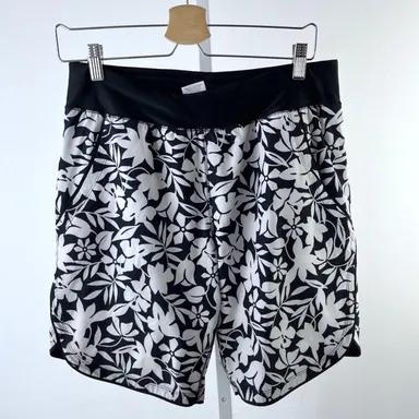 LANDS' END Womens Floral Print Board Shorts Pull On Lined Black White Size 8