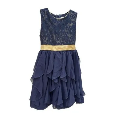Youngland Ruffle Dress with Lace Bodice Navy Blue Gold Size 7/8