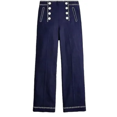 J.Crew Peyton Sailor Navy Wide Leg Pant in Stretch Linen Size 12 NWT 