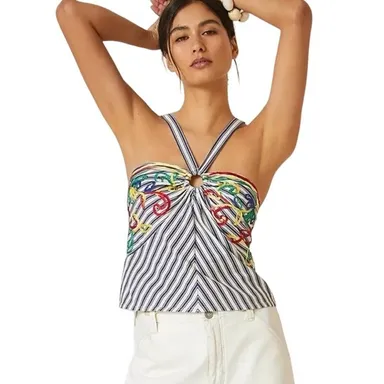 Anthropologie Tiny Size L Avril Embroidered Striped Knit Halter NWT $120 