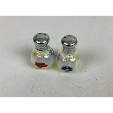 2 Hand Blown Small Glass Floral Salt And Pepper Shakers - 2”H