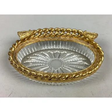 Hollywood Regency Gold Metal/Glass Soap Dish - 1.5”Hx4 3/4”Lx3.5”W