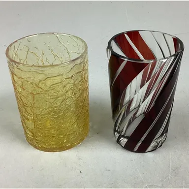 Set Of 2 Decorative Glass Cups - Yellow Crackly Glass & Maroon Clear Stripes
