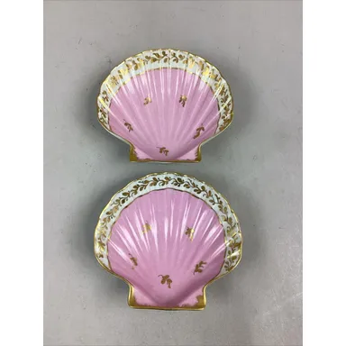 Set Of 2 Limoges Hand Painted Pink Clamshell Candy/Trinket Dishes