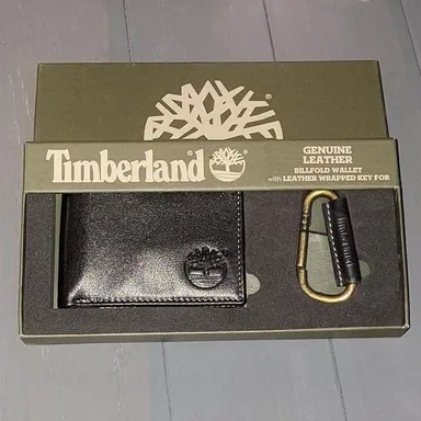 Timberland Men's Black Leather Wallet and Carabiner Gift Set Apparel Acc…