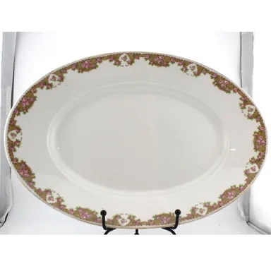 Vintage Serving Platter Porcelain German White with Gold and Pink Floral