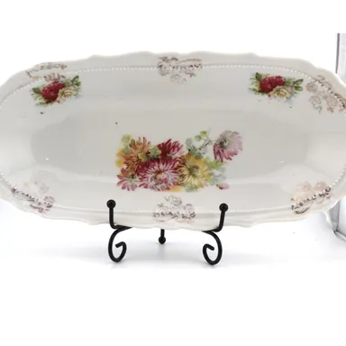 Long Porcelain Serving Dish Vintage White with Red Flowers