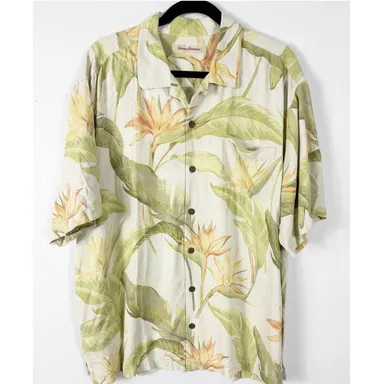 Tommy Bahama Mens Silk Hawaiian Shirt Button Down Size XL Ivory Green 