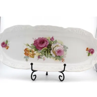 Vintage Porcelain Long Dish White with Flowers
