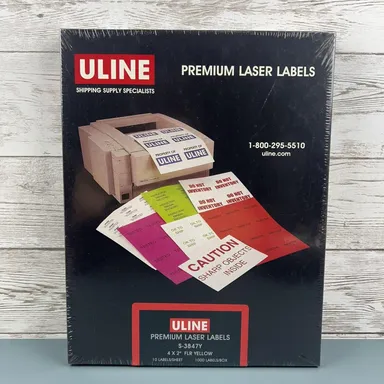 Uline Premium Laser Labels 4''x2'' 1000 Labels/Box Yellow S-3847Y Brand New