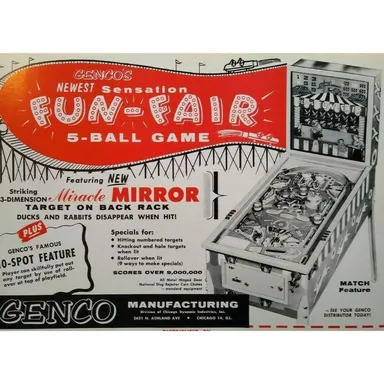 Fun Fair Pinball Flyer Genco Carnival Games Amusement Park Original NOS 1958