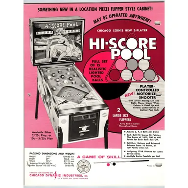 Hi-Score Pool Pinball Flyer Original Lady Billiard Table Player Art Chicago Coin