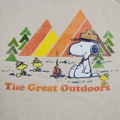 Peanuts SS Cream Unisex Tee Snoopy & Woodstock Camping "Great Outdoors" - Large