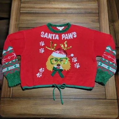 No Boundaries LS Knit Red Crop Christmas Sweater Sequin Dog -Junior XXL (19) NWT
