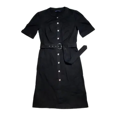 French Connection Snap Front Black Short Sleeve Dress Belt Minimalist Classic