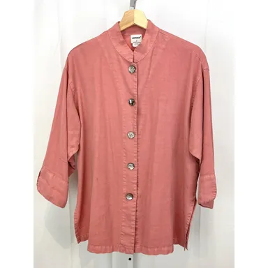 GERTIES Button Up Top 3/4 Sleeve Tunic Shirt Artsy Lagenlook Tencel Pink Size S