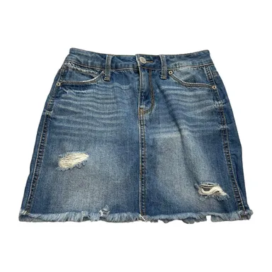 Mudd Mini Skirt Girls 1 Blue Denim Flx Stretch Distressed 5-Pockets Frayed Hem