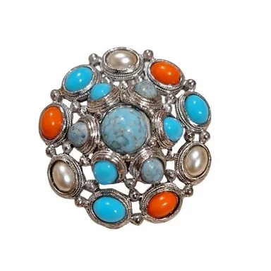 Premier Designs Pin/Pendant Faux Turquoise Coral Brooch Silver Tone Aztec Dome