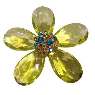Vintage Green Pixeled Lucite Flower Brooch With Green And Teal Rhinestones 3"