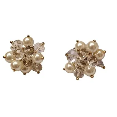 Vintage Cluster Gold Tone Faux Pearl And Clear Bead Clip On Earrings