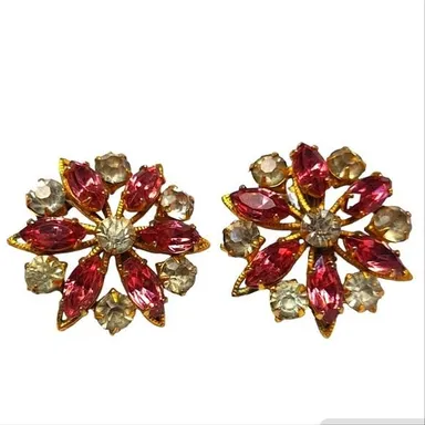 Vintage Flower Gold Tone Pink And Clear Rhinestone Clip On Earrings
