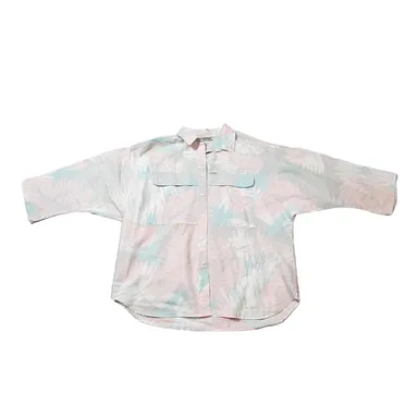 Vtg Cabrais Button Up Pink Green Hawaiian Short Shirt Coconut Girl Tropical
