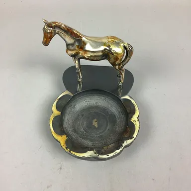 Vintage Steel Cigarette Ashtray & Horse - 5.5”Hx7”Lx4.5”W