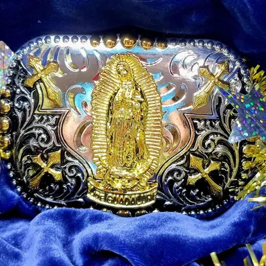 Virgen de Guadalupe Western belt Buckle Gold Silver Heavy gold silver