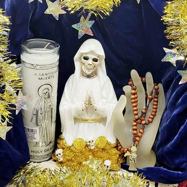 9" Santa Muerte White Statue With Candle & Rosary Altar Bundle Pack