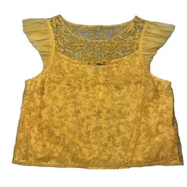Anthropologie Geisha Designs Embroidered Tulle Tank Blouse Yellow Sequins Large