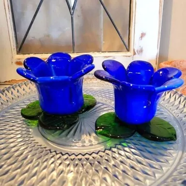 Vintage Art Glass Blue Flower Votive Candle Holders