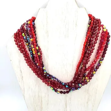 Vintage Red Multi-strand Red & Czech Fire Beaded Adjustable Necklace