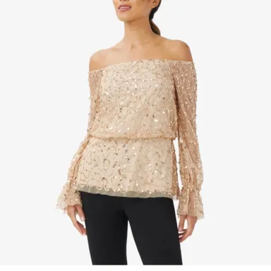 NWT Adriana Papel HAND-BEADED OFF-THE-SHOULDER BLOUSON TOP IN CHAMPAGNE GOLD  14