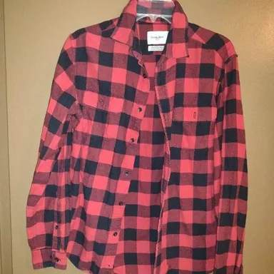 M Men's Buffalo Checked Plaid Long Sleeve Shirt Red Black Striped Button Up Top