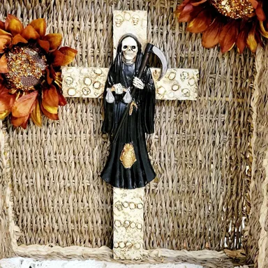 Santa Muerte en Crucifijo 12" Wall Crucifix Holy Death Grim Reaper Black Dress