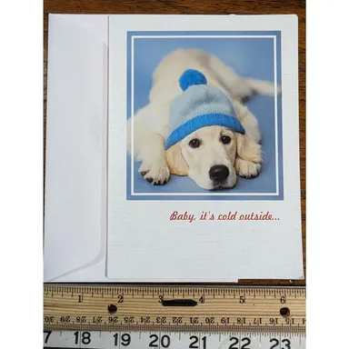 Vtg SPCAI Yellow White Lab Puppy Dog Hat Christmas Holiday Greeting Card Unused
